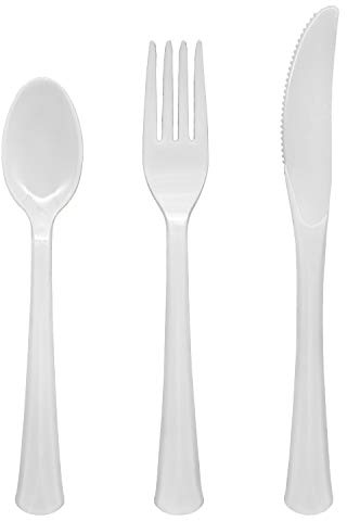 Party Essentials Extra Heavy Duty Hard Plastic Cutlery Combo Pack, Full Size Knives/Forks/Spoons, White, 8 Place Setting Count