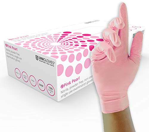 Unigloves Pink Pearl Nitrile Examination Gloves - Multipurpose, Powder Free and Latex Free Disposable Gloves - Box of 100 Gloves, Pink, Small (GP0052)