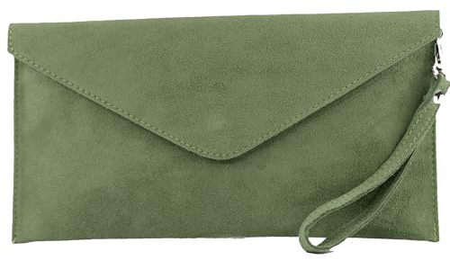 modamoda de T106 Damen Wildleder Rauleder Clutch Umhängetasche Abendtasche handmade in Italy, Farbe:Olivgrün
