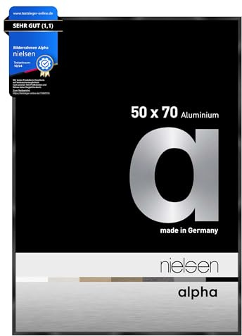 nielsen Aluminium Bilderrahmen Alpha, 50 x 70 cm, Schwarz | Aluminium Posterrahmen im Hoch- & Querformat zum Aufhängen Schwarz glänzend Echtglas