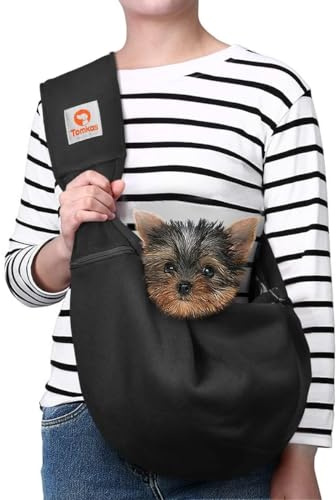 Tomkas Small Dog Sling Carrier - Cat Sling Carrier - Adjustable Strap & Zip Pocket - Suitable for Puppies (Black)