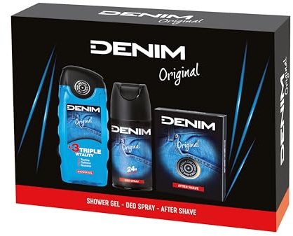Denim - Present till män, After Shave Aftershave 100 ml, 250 ml duschkräm och Deodorant Spray 150 ml, original doft, uppfriskande och uppfriskande verkan