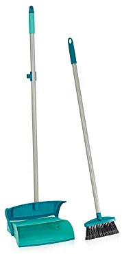 Leifheit Set de escoba con palo y recogedor cerrado, escoba con cerdas bifurcadas y recogedor plegable extra grande que se cierra automáticamente