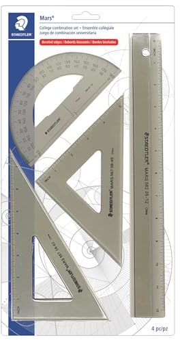 STAEDTLER College Combination Set - Triangle, Protractor & Ruler Set, Transparent Smoke Plastic with Beveled Edges, 4-Piece Set