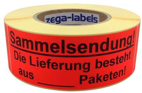 zega-labels Warnetiketten - Sammelsendung! Die Lieferung besteht aus mehreren Paketen! - 500 Stück je Rolle - 150 x 50 mm - Versandaufkleber Papier Leuchtrot stark haftend