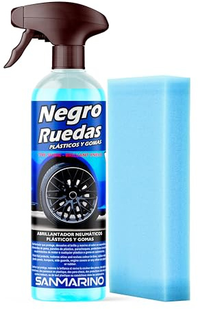 LIMPIARCOCHE.COM Sanmarino Abrillantador Neumáticos, Hidratador Plásticos y Gomas, Abrillantador Coche y Moto, con Esponja, Negro Ruedas 500ML.