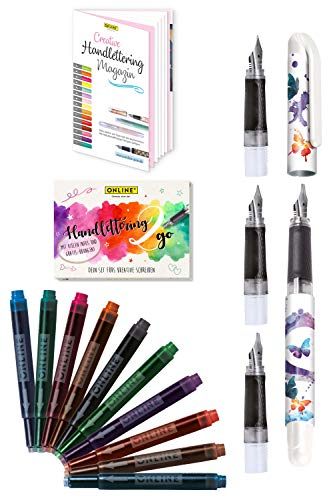 Online Handlettering 2 Go Schönschreib-Set Sketchy, inkl. 1,4 mm Kalligraphie Füller, drei Federstärken, 10x bunte Kombi-Patronen, inkl. Booklet mit Übungen