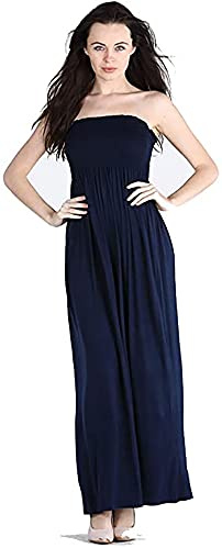 New Womens Plain Long Strapless Elasticated Shearing Ladies Bandeau Shirred Boob Tube Summer Maxi Dress