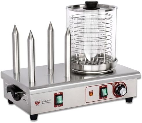 Beeketal 'BHG07' XL Profi Gastro Hot Dog Maker mit 4 Heizspießen und 170 mm Korbdurchmesser, Edelstahl Hot Dog Maschine zum erhitzen von Würsten und aufwärmen von Hot Dog Brötchen