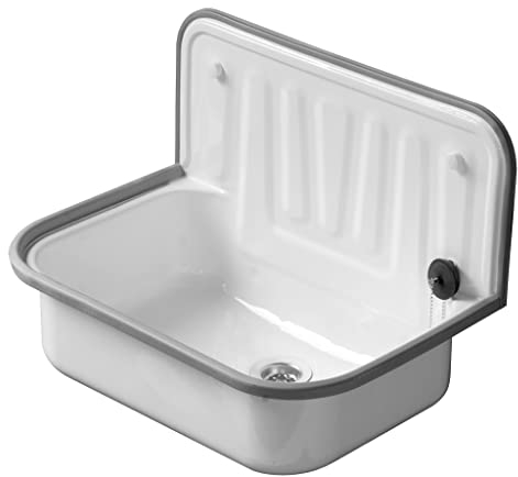 Ausgussbecken Stahl Weiß emaliert 505 x 370 mm mit Kunststoffumrandung, Rückenprofil und Beckenventil