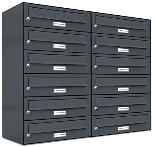 AL Briefkastensysteme 12er Briefkastenanlage Anthrazit Grau RAL 7016, Premium Briefkasten DIN A4, 12 Fach Postkasten modern Aufputz