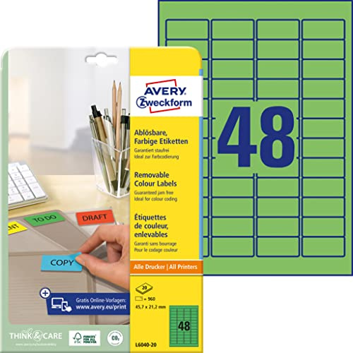 Avery L6040-20 Removable Mini Labels (45.7 x 21.2 mm Labels, 48 per A4 Sheet, 20 Sheets) for all printers - Green