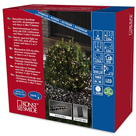Konstsmide LED Büschelllichterkette Cluster, mit Lichtsensor und 6h und 9h Timer, 240 warm weiße Dioden, batteriebetrieben, Außen (IP44), schwarzes Kabel, 4 x D 1.5V (exkl.) - 3734-100