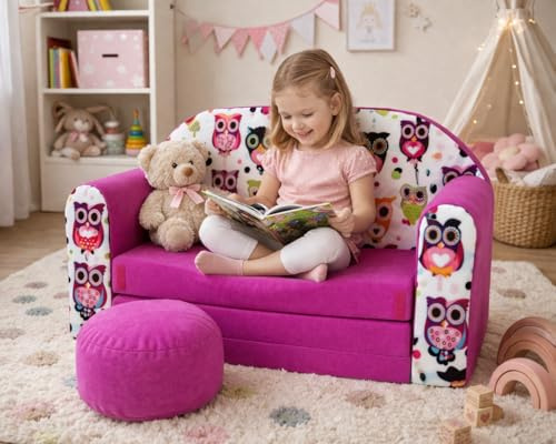 Pro Cosmo Canapé Convertible Enfant – Parfait pour Jouer et Dormir – avec Matelas Amovible, Coussin et Pouf – 98x168x59 cm – Léger et Facile à Plier – Couleur H17 Rose (Chouettes)