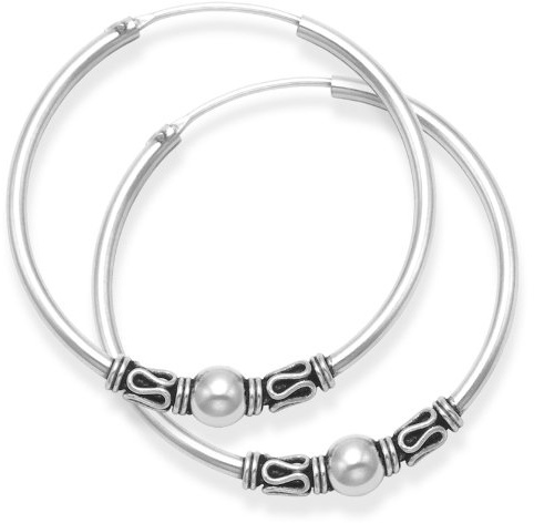 Sterling Silver Large Bali Hoop earrings, Ball & twist wires - Size: 35mm. FULLY GUARANTEED. Gift Boxed 6215.