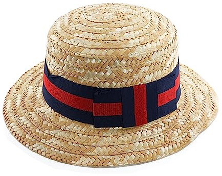 Adults Straw Boater Fancy Dress Hat Easter Bonnet Edwardian Hat with Navy Blue & Red Band and Bow Bulk - Pack of 1