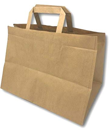 100 Sacs papier écrus à poignées plates FOND LARGE renforcées 15 L 32 cm large x 27 cm haut x 21 cm soufflet. Compatible alimentaire. Sacs ventes à emporter, sac restauration rapide et doggy bag.