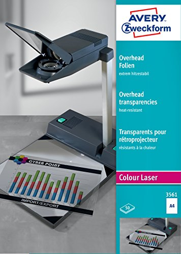 AVERY Zweckform 3561 Overhead-Folien für Farblaserdrucker (50 Transparentfolien, A4, spezialbeschichtet, stapelverarbeitbar, extrem hitzestabil durch erhöhte Folienstärke 0,13mm, lösemittelfrei)