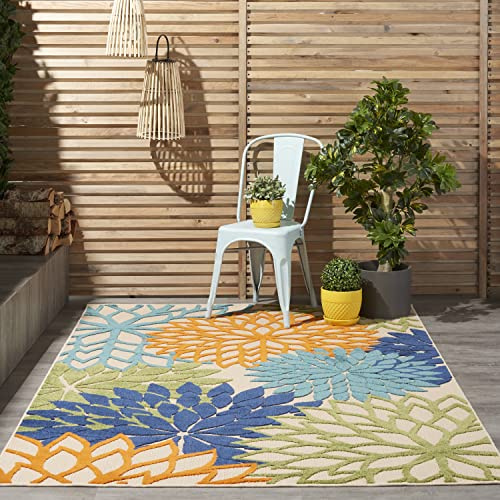 Nourison Home Aloha Indoor/Outdoor Multicolor 5'3 x 7'5 Area Rug, Tropical, Botanical, Easy Clean, Non Shedding, Bed Room, Living Room, Dining Room, Deck, Backyard, Patio (5x7)