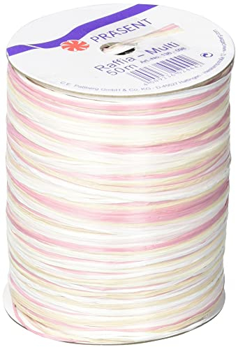 PRÄSENT C.E. Pattberg Raffia-Multicolour Bastband weiß-Creme-rosa, 50 m Geschenkband zum Einpacken, 5-strängiges Bastelband für Geschenke, Zubehör zum Dekorieren & Basteln