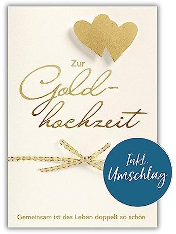 bsb Goldene Hochzeit Karte - liebevolle Geschenke zur goldenen Hochzeit mit Herz-Motiv - Karte mit Umschlag - Hochzeitstag - Karte Goldhochzeit Glückwunsch in 11,5 x 17,0 cm