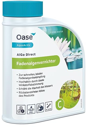 OASE 43139 AquaActiv AlGo Direct Fadenalgenvernichter 500 ml - biologische Teichpflege ideal gegen Fadenalgen im Teich Gartenteich Schwimmteich Fischteich Koiteich, Silber