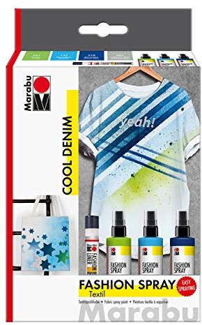 Marabu 1719000000084 - Fashion Spray, Cool Denim, Textilsprühfarbe auf Wasserbasis, für helle Textilien, einfache Fixierung, waschbeständig bis 40°C, 3 x 100 ml Farbe und 25 ml Fashion Liner