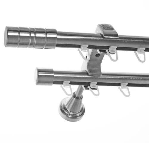 BASIT Gardinenstange Innenlauf Edelstahllook 20mm 2-läufig Wand 240cm H60II | Gardinenstangenset doppelläufig Wandmontage Metall Vorhangstange Wandhalterung 120-600cm wählbar Kappe Zylinder E34