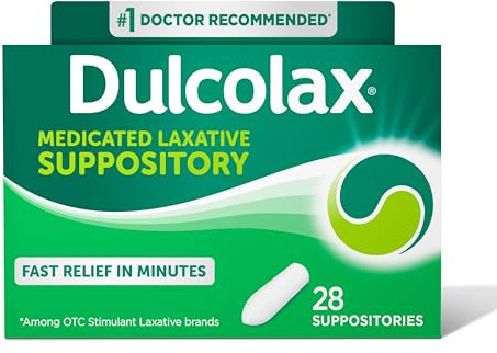 Dulcolax Stimulant Laxative Medicated Suppositories, Predictable & Effective Constipation Relief, Bisacodyl 10 mg, 28 Count, Stimulant Laxatives