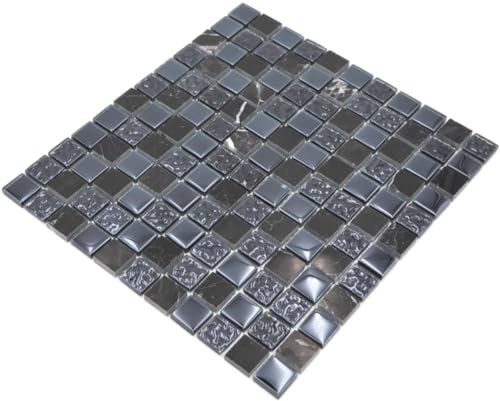 Mosaik Quadrat Crystal/Stein mix grau/schwarz Glas Naturstein Fliesenspiegel, Mosaikstein Format: 25x25x8 mm, Mattengröße: 327x302 mm, 1 Matte