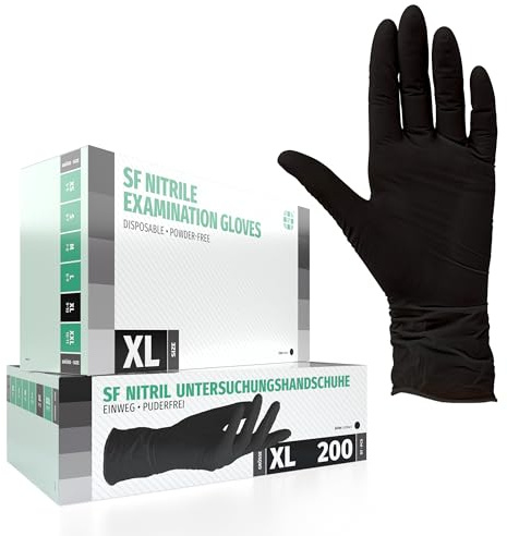 SF Nitrilhandschuhe XL Schwarz – 200 Stück Einweghandschuhe, latexfrei | Puderfreie Einmalhandschuhe für Tattoo, Werkstatt, Küche, Reinigung und Haushalt; vielseitig für Gewerbe und Alltag