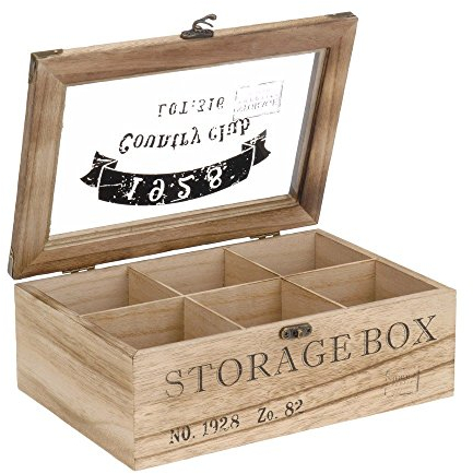 ToCi Scatola da tè in legno rettangolare (6 scomparti) o quadrata (9 scomparti) stile retrò, legno, modello 1, 6 Fächer