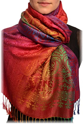 LissKiss Mirrored Ombre Paisleys On Burgundy Pashmina Feel With Tassels - Rot Scarf, Schal Einheitsgroesse (70cm x 180cm)