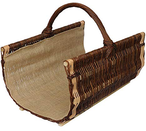 Großer Kaminholzkorb aus ungessätigter Weide – Handgefertigter Brennholzkorb mit Juteeinsatz, offener Design, stabil auf zwei Leisten – Dunkel, oval, (L) 60 x (B) 40 x (H) 30/49 cm