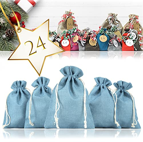 Ganzoo 24er Set Jutesäckchen aus 100% Jute, hellblau, 17,5 x 12,5 cm, zum Selbstbefüllen für Adventskalender, Stoffbeutel mit Zugband-Verschluss, für Geschenke, Schmuck, Make-up und Bastelideen