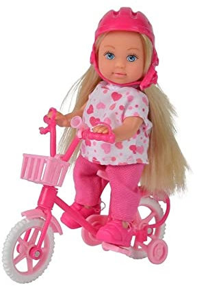Simba 105731715 - Evi Love My First Bike, 2-Fach Sortiert, es Wird nur EIN Artikel geliefert, voll bewegliche Spielpuppe mit coolem Fahrrad, Helm und Stützrädern, 12cm, ab 3 Jahre
