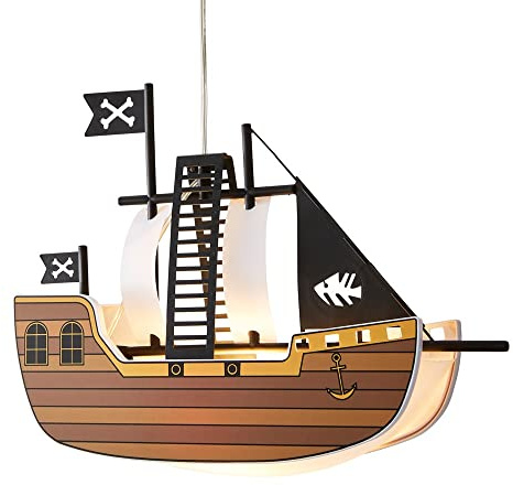LITECRAFT Glow Pirate Ship Ceiling Pendant Childrens Bedroom Light - Brown, Black