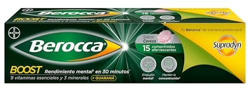 Berocca Boost Complejo de Vitaminas y Minerales con Cafeína y Guaraná Natural, para una Ayuda Rápida en el Rendimiento Mental y Físico, 15 Comprimidos Efervescentes