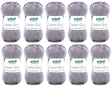 Gründl Wolle Cotton Quick uni - dünne Wolle zum Häkeln - Strickgarn - Häkelgarn - Glänzend und hautfreundlich - 100 % Baumwolle - 10 Knäuel 50 g / 125 m - Nadelstärke 3- 4 - Silbergrau