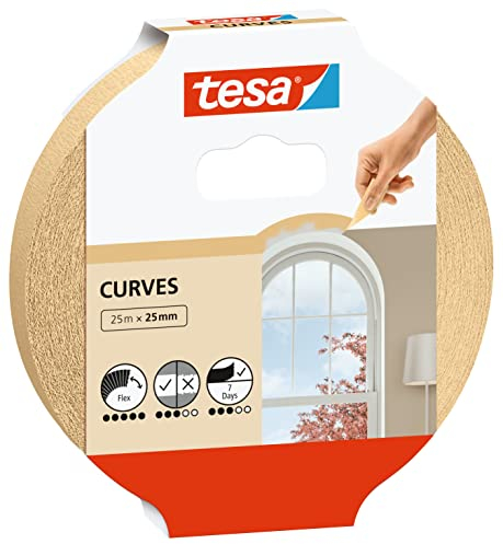 tesa Ruban de Masquage Spécial COURBES - Ruban Adhésif avec Crêpage Extra Fort pour Masquer les Courbes et les Formes Irrégulières - Surfaces Rugueuses et Lisses - 25 m x 25 mm