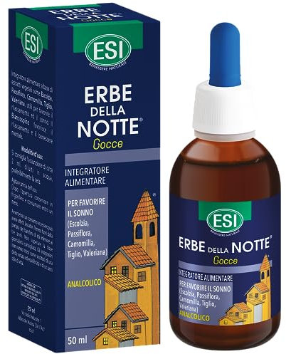 ESI - Erbe della Notte, Integratore Alimentare in Gocce a Base di Passiflora, Camomilla e Valeriana, Favorisce il Sonno e Contrasta Ansia e Stress, Senza Glutine e Vegan, 50 ml