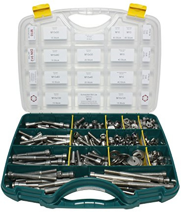445-teiliges Set M10 Edelstahl Zylinderschrauben mit Innensechskant (DIN 912), Sortimentskasten inklusive Unterlegscheiben (DIN 125/127 / 9021) und Muttern (DIN 315/934 / 985/1587), Material A2 / V2A