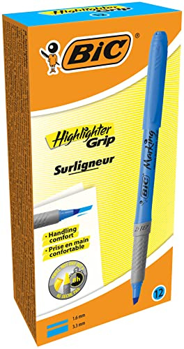 BIC Highlighter Grip Marcadores punta biselada Ajustable - Azul, Caja de 12 unidades