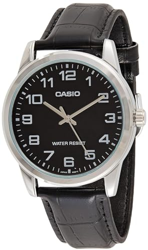 Casio Orologio da polso da uomo al quarzo classico cinturino in pelle nero cassa in ottone display analogico nero - MTP-V001L-1B