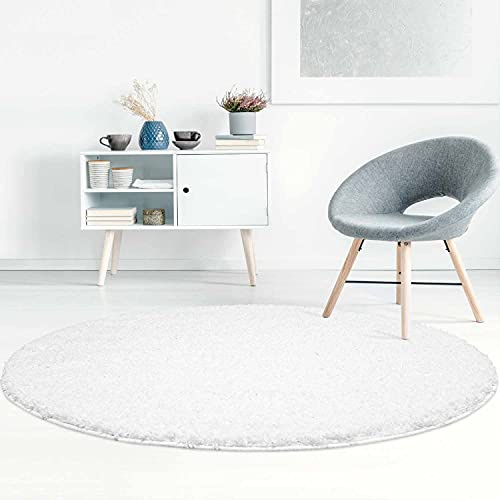 Hochflor Teppich Shaggy Einfarbig Weiß - 200x200 cm Rund - Flauschig & Weich - Wohnzimmerteppiche - Langflorteppich Schlafzimmer Uni Modern