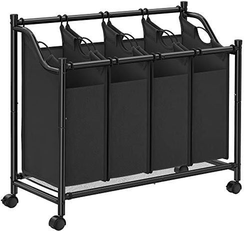 SONGMICS Rolling Laundry Sorter, Laundry Basket with 4 Removable Bags, Laundry Hamper, Laundry Trolley, for Laundry Room, Bedroom, Bathroom, 4 x 35L, Black LSF005