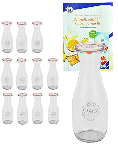 MamboCat 12er Set Weck Gläser 1062ml 1 Liter Saftflasche mit 12 Glasdeckeln, 12 Einkochringen und 24 Klammern inkl. Gelierzauber Rezeptheft I Weck Glasflasche Einweckflaschen für Säfte Saucen Öle