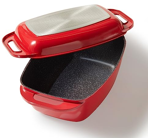 STONELINE Cocotte Rectangulaire XXL 43x26 cm, avec Couvercle, en Fonte d'Aluminium, Convient à l'Induction et au Four, Revêtement Antiadhésif avec de vraies particules de pierre, Rouge
