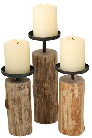 Boltze Kerzenständer Tempe (3-teiliges Set, Kerzenhalter aus Holz + Metall, stilvolles Design, Dekoration Esstisch / Kommode, Boho Stil) 4221400