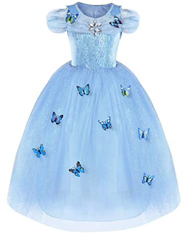 URAQT Askungen Klänning, Askungen Prinsessdräkt med Fjäril, Blå Dansklänning Prinsessklänning för Flickor, Fin Tyllklänning för Bröllop, Fest, Bal, 3-8 år Gammal 110cm